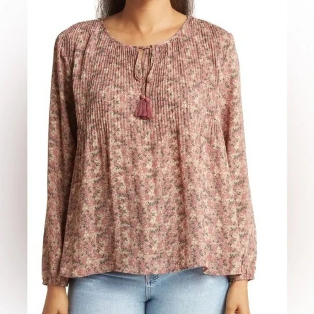 DR2 Daniel Rainn Boho Release Pleat Tassel Tie Long Sleeve Blouse SZ L